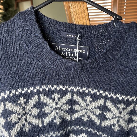 Abercrombie & Fitch Sweater Mens Large Muscle Blue Wool Blend Fair Isle Nordic - Picture 2 of 5